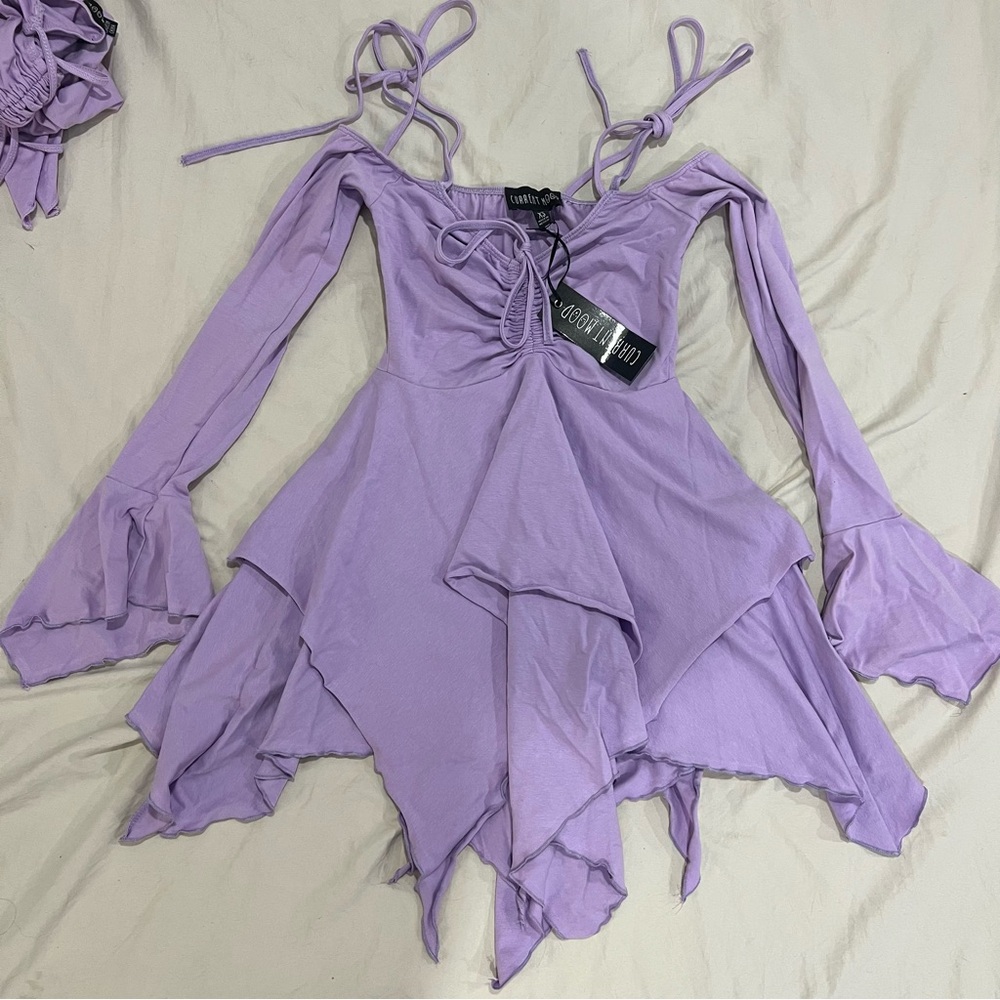 Dolls Kill Lavender Off-Shoulder Handkerchief Hem Mini Dress